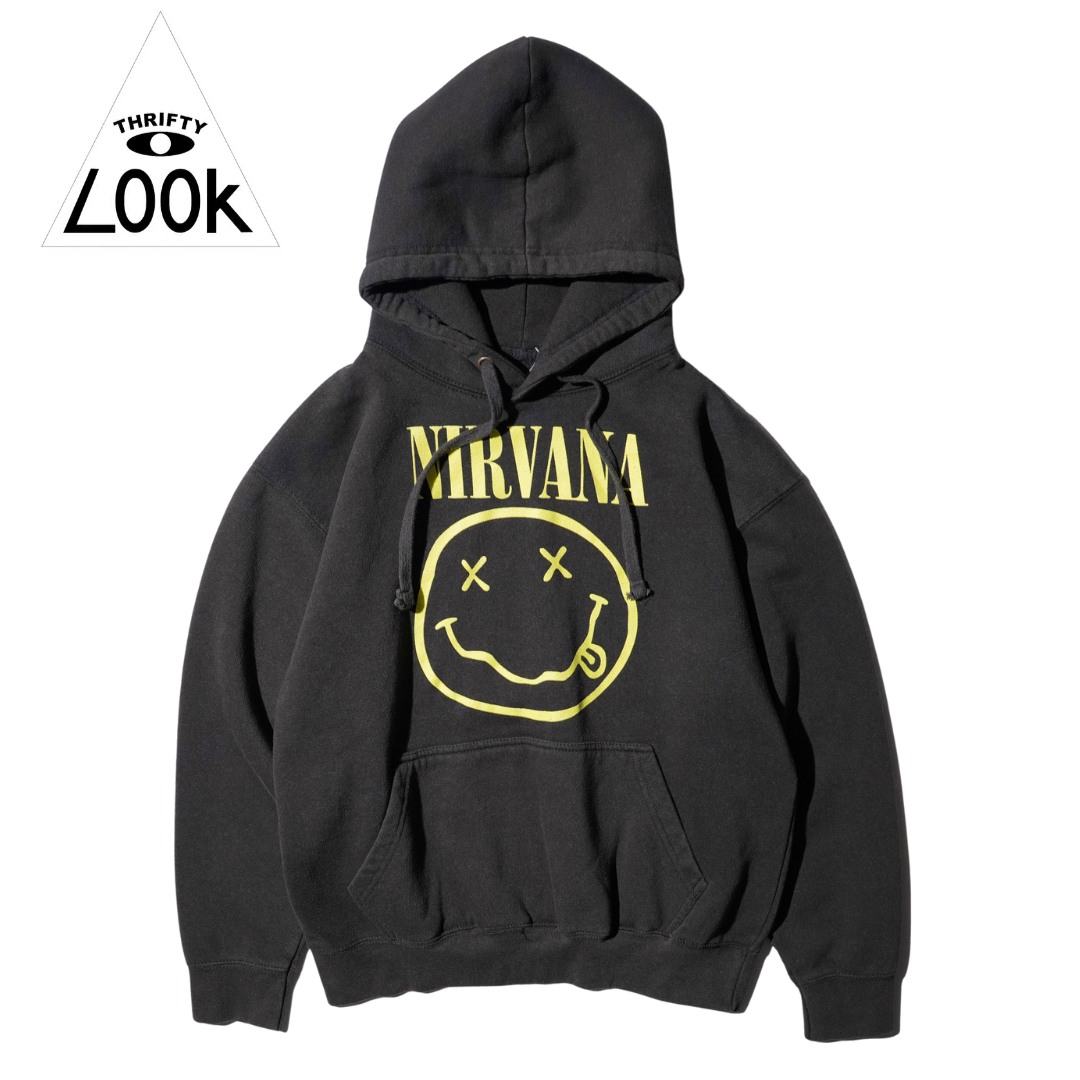 【THRIFTY LOOK / スリフティールック】THRIFTY "NIRVANA" HOODIE ニルヴァーナ ロックバンド プルオーバーパーカ スマイリーフェイス ライセンシー フーディー ユーズド加工 ヴィンテージ加工 裏起毛｜S.U.N.STORE