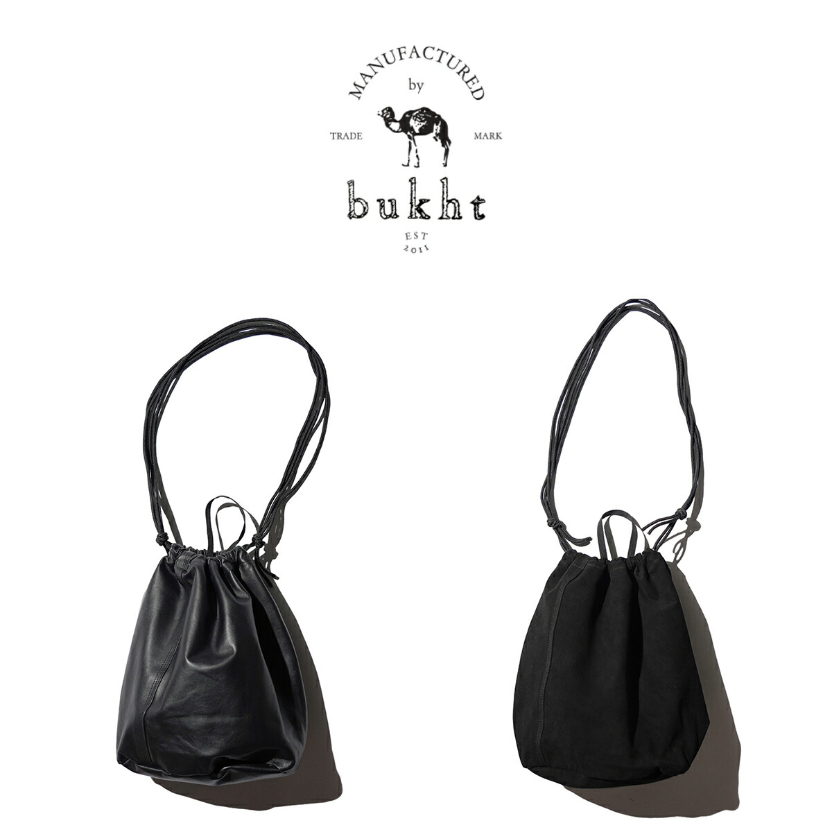 【bukht / ブフト】 LEATHER EFFECT BAG LARGE 羊革 シープスキン ドローストリング バッグ ショルダー メンズ レディース ブラック 通勤 通学 レザー