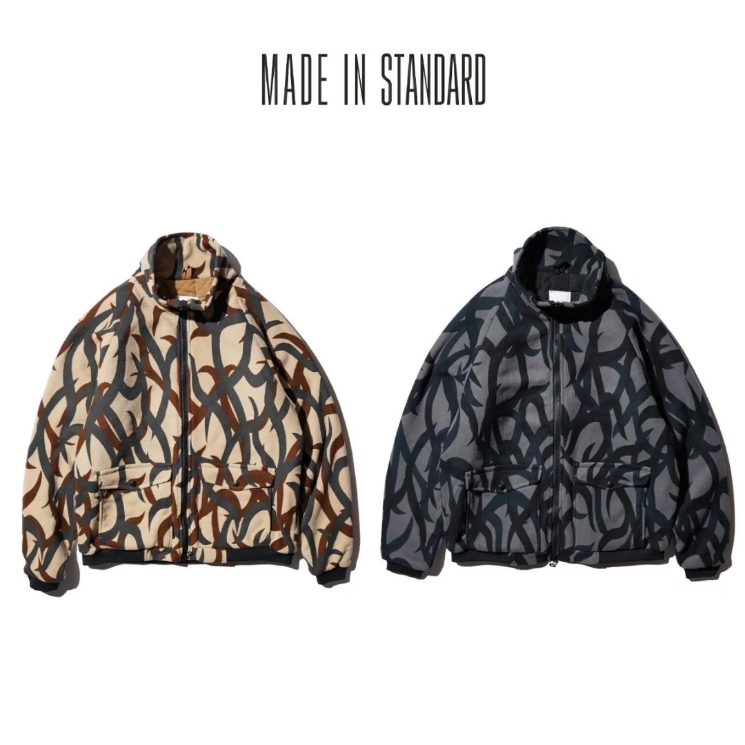 【MADE IN STANDARD / メイドインスタンダード】QUILT LINED PRINTED ACTIVE BLOUSON ジャケット トライバルカモ 総柄 フリース 中綿 サーモライト アウター メンズ レディース 秋冬