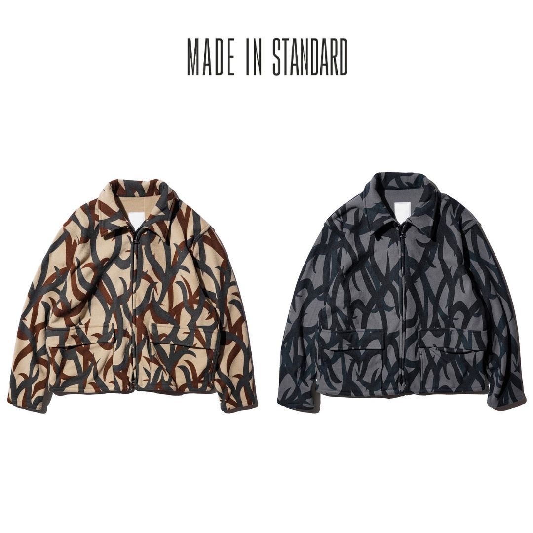 【MADE IN STANDARD / メイドインスタンダード】PRINTED ACTIVE ZIP-UP SHORT JACKET ジャケット トライバルカモ 総柄 フリース アウター メンズ レディース 秋冬