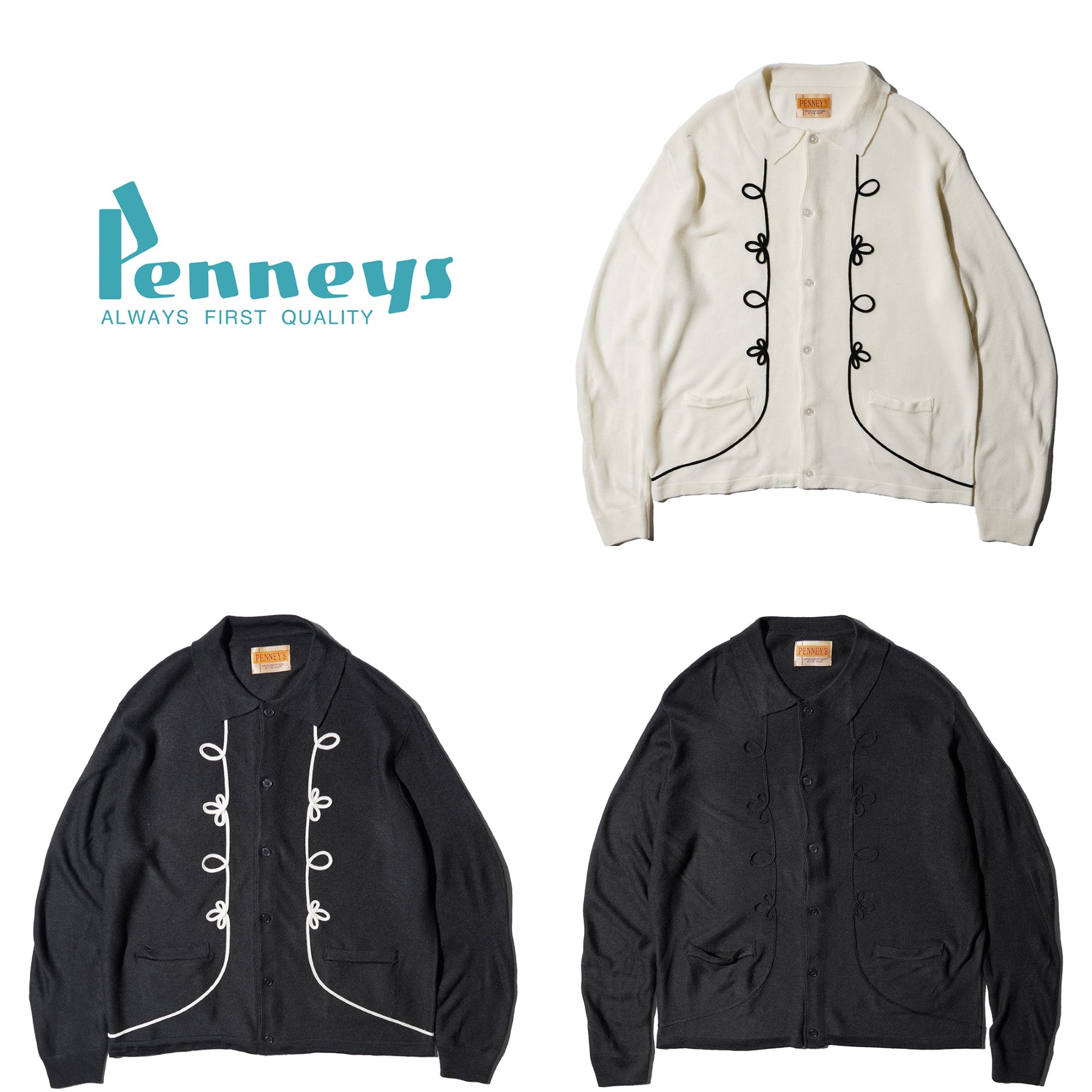 【PENNEY'S / ペニーズ】 ROPE EMBROIDERY POLO CARDIGAN カーディガン メンズ アクリル シャギー加工80年代 リプロダクト