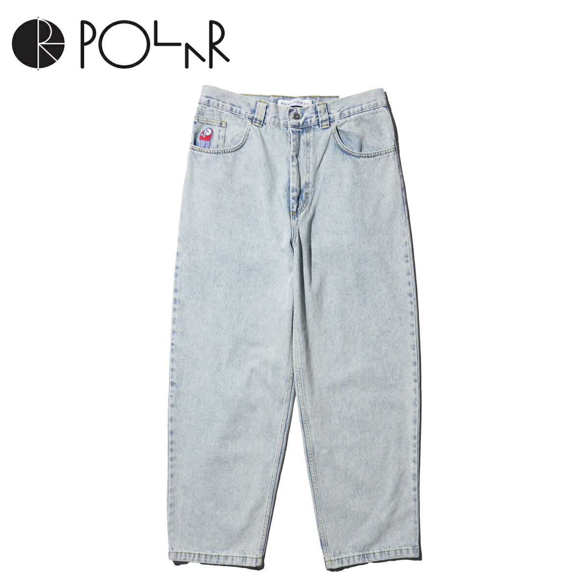 【Polar Skate Co. / ポーラー滑る公司】BIG BOY PANTS OG LOGO 広広とした影ぼうし バギーシルエット 広広としたジーンズ バギーデニム ビッグ男の子 ジーンズ ロゴタイプ 刺しゅう ともし火青色 LIGHT BLUE