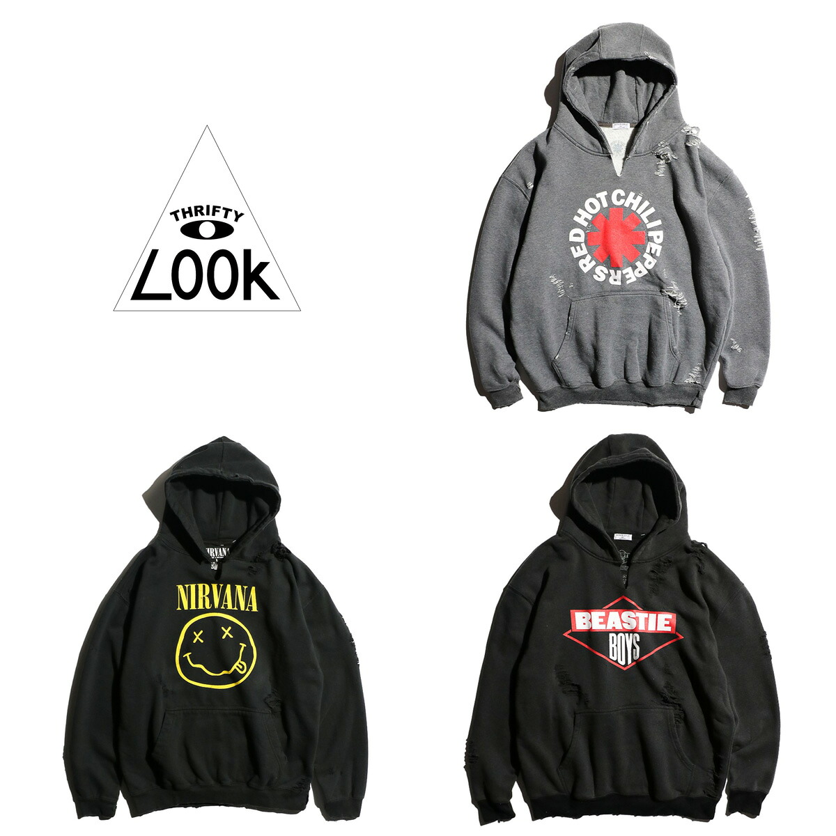【THRIFTY LOOK / スリフティールック】 WORN-OUT BAND HOODIE NECK SLIT ダメージ加工 ニルヴァーナ レッドホットチリペッパーズ ビースティーボーイズ バンド パーカー ネックスリット