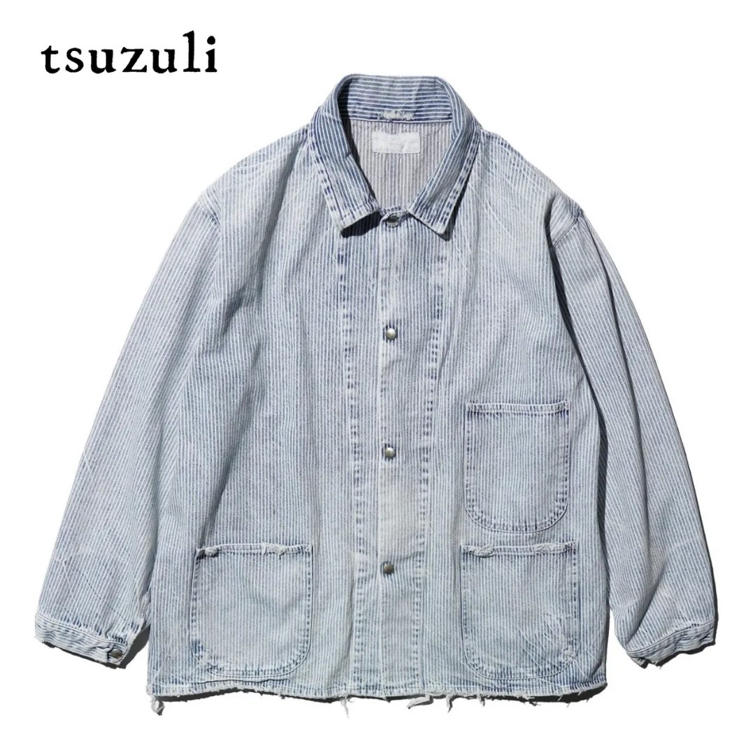 【tsuzuli / ツヅリ】COVERALLS JACKET HICKORY (UNISEX) ヒッコリー ジーンズ 上衣 押しかぶせる櫂 メンズ レディース 秋冬 縞模様 アウター ハードウォッシュ 岡山県産12薬局衡オンス セルヴィッチデニム HARD WASH HICKORY\t