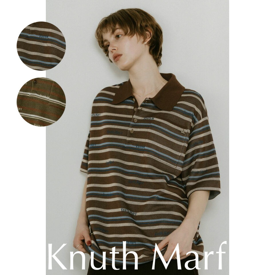 Knuth Marf クヌースマーフlogo stripe polo knit (unisex) / ロゴストライプ ポロニット レギュラー丈 (ブラウン/カーキ) / 25SS｜CELUNA