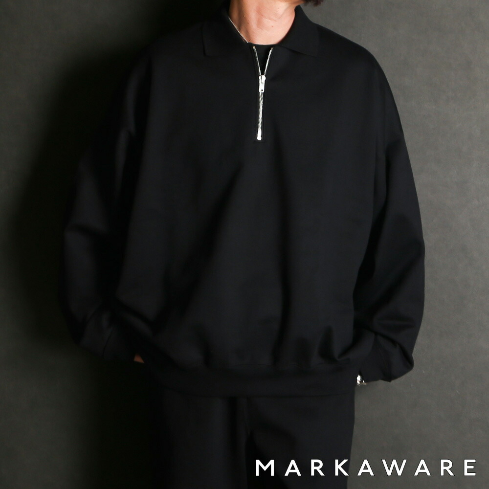 【MARKAWARE/目じるしお召しもの】HALF ZIP POLO HUGE SWEAT - BLACK / オーガニックコットンヘビー吊裏毛 - ハーフジップポロヒュージスウェット / A26A09CS03C【メンズ】【貨物輸送無料】 スウェット・トレーナー-メンズファッション-トップス