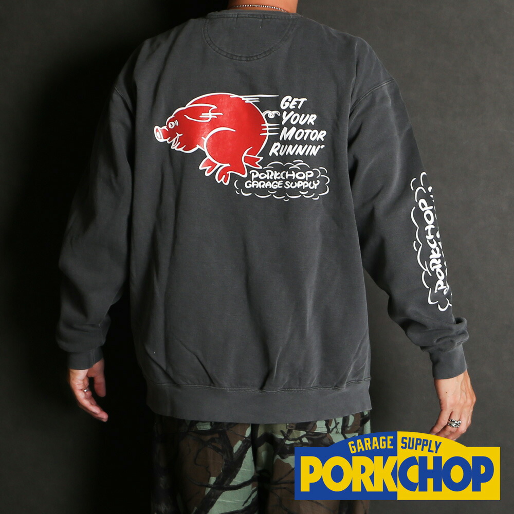 【PORKCHOP/豚肉チョップ】RUNNING LOGO SWEAT - ASH BLACK / 流汗【貨物輸送代込み】【ユニ一発やる】