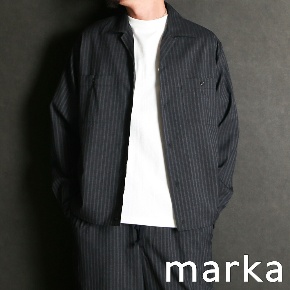 【marka/目じるし】DOUBLE POCKET OPEN COLLAR SHIRT - GRAY STRIPE / 2/72 ウールトロピカルワッシャー - ダブル隠し オープンカラーシャツ / M26A11SH01C【メンズ】【貨物輸送無料】
