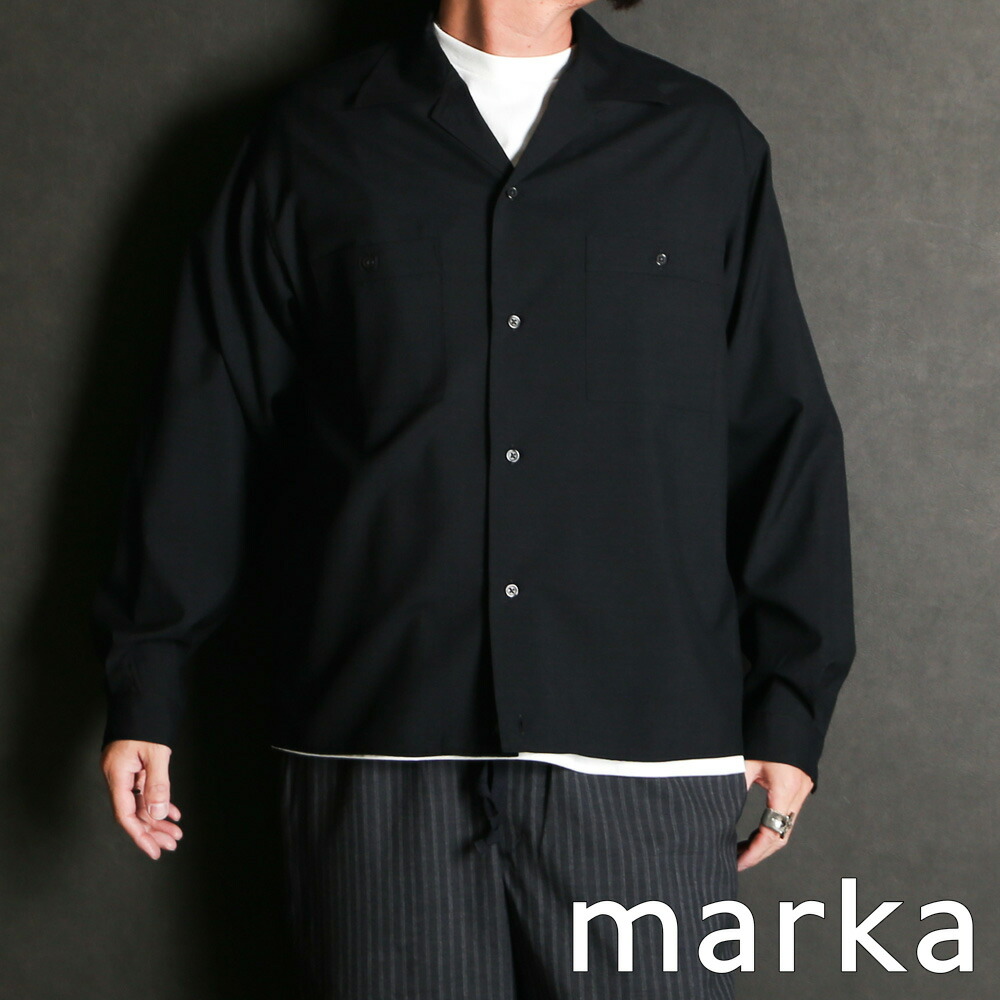 【marka/目じるし】DOUBLE POCKET OPEN COLLAR SHIRT - CHAMBRAY BLACK / 2/72 ウールトロピカルワッシャー - ダブル隠し オープンカラーシャツ / M26A11SH01C【メンズ】【貨物輸送無料】