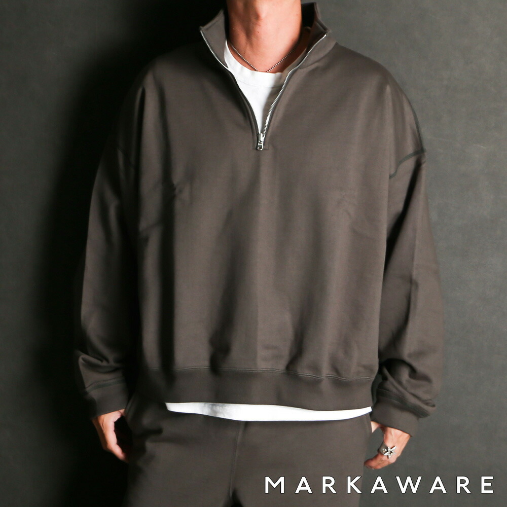 【MARKAWARE/目じるしお召しもの】SHORT QUARTER ZIP PULLOVER - CHARCOAL / オーガニックコットンヘビー吊裏毛 - ショートクォータージッププルオーバー / A25D03CS02C【メンズ】【貨物輸送無料】