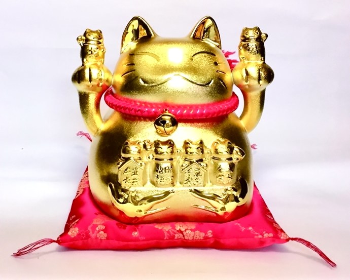金運両手招き猫（鈴） MR230 瀬戸取寄 陶器 貯金箱 置物 招き猫 ねこ 運気アップ 風水 インテリア 置物 玄関 リビング 金運 金色