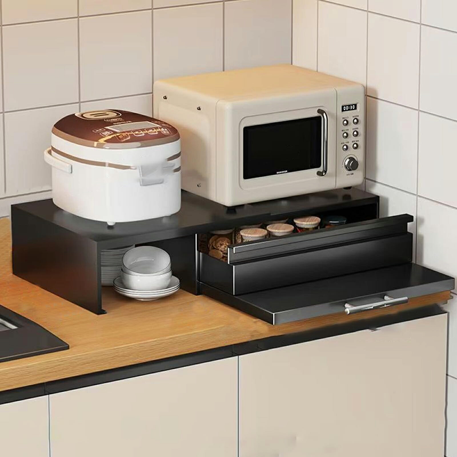 レンジ下収納 引き出し付き 炭素鋼 スライドテーブル レンジ下ラック キッチン家電下引き出し 家電下収納 オーブンスライド棚 省スペース (黒, 引き出しタイプ+伸縮ボード) [並行輸入品]｜CERO INFINITY