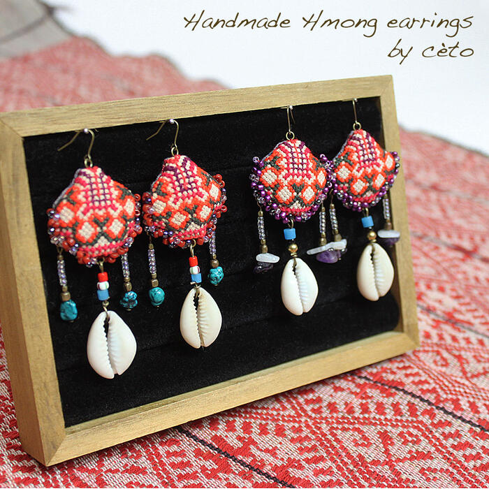 楽天市場】ピアス 苗族 モン族 ミャオシルバー フラワー 刺繍布 楕円型