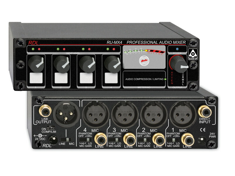 RDL RU-MX4 ファンタム電源付（マイク／ライン出力）プロ用４チャンネルマイク／ラインミキサー －マイク／ライン出力 【送料無料】