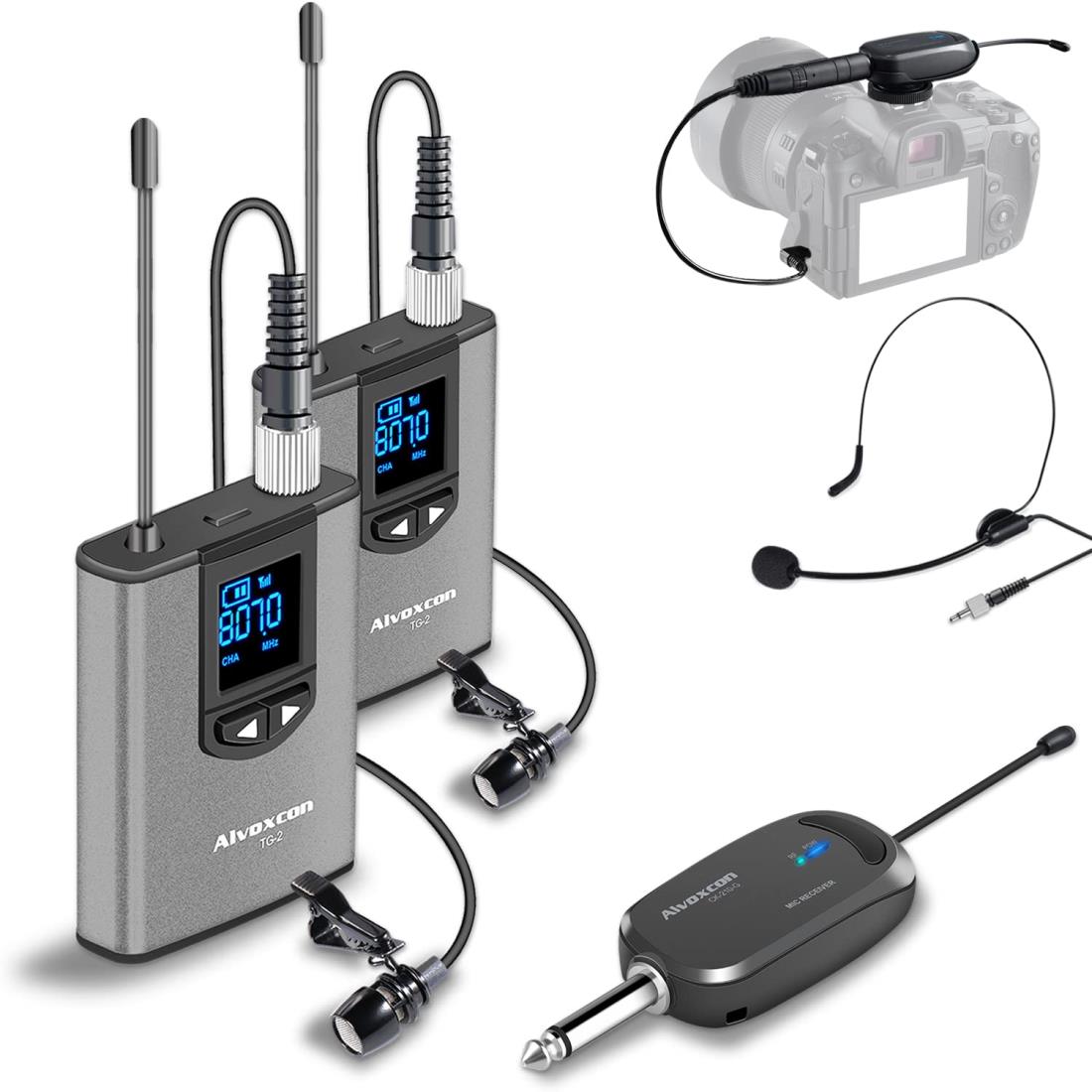 Alvoxcon ワイヤレスマイク UHF ピンマイク ワイヤレス ヘッドセットマイク クリップマイク ハンズフリーマイク 無線マイク 動画撮影 録音 拡声 カメラ スマホ 軽量 日本語取扱説明書付き 送信機*2 受信機*1 二人用 TG220