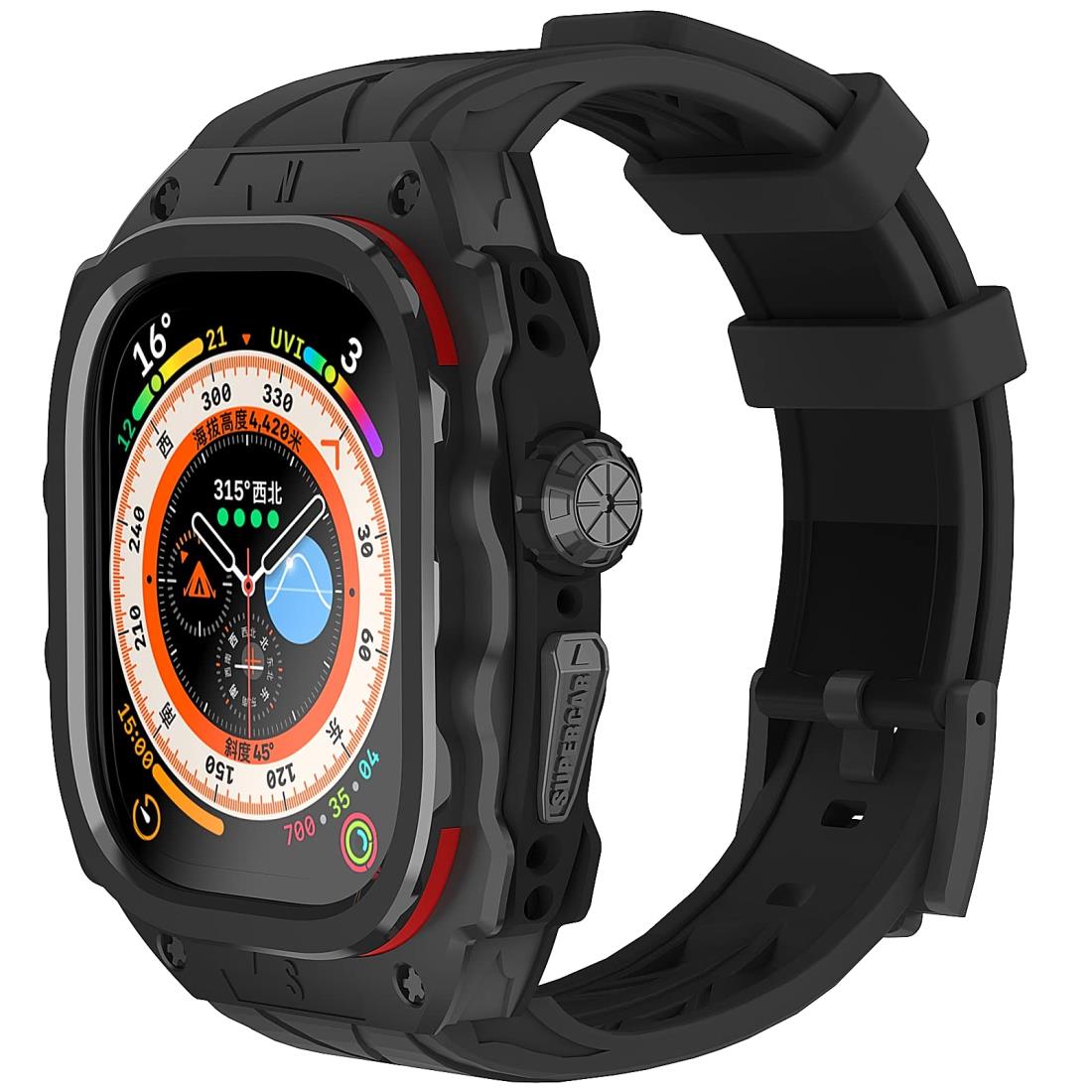 高級メタルケース Apple Watch Ultra 1/2 49mmバンド カバー付き 高耐久 頑丈なケース シリコンストラップ フル保護カバー (Black)