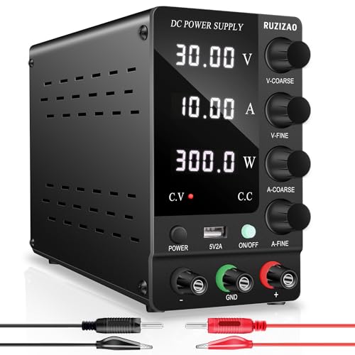 RUZIZAO 安定化電源 (0~30V 0~10A) DC安定化ベンチ電源 粗微調整出力スイッチ 高精度4桁LEDディスプレイ 5V/2A USBポート付きベンチトップラボ
