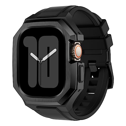 BinGeLi コンパチブル Apple Watch バンド 44mm 45mm 46mm 49mm ステンレス鋼 ケース付き 頑丈なメンズ フッ素ゴムベルド 一体型 スポーツ Series 9/8/7 SE2/6/5/4/SE Ultra 49mm 10/46mm 耐衝撃性 落下防止 装着簡単 Watch 保護 カバー|Chack0605