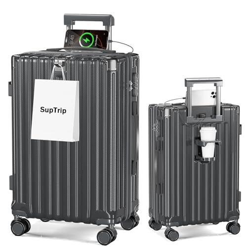 [SupTrip] スーツケース 機内持ち込み 多機能 キャリーケース 大型 超軽量 キャリーバッグ 耐衝撃 USBポート付き カップホルダー付き 充電機能 荷物フック 隠しフック機能 静音 ダブルキャスター 360度回転 修学 泊まる 旅行 出張 (グレー, M