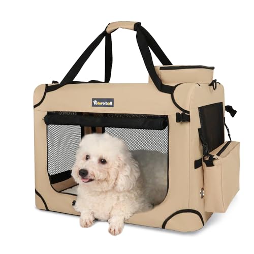 Totoro ball 折りたたみ愛玩動物伏せ籠 犬伏せ籠 犬用クレート ホンブルグ帽クレート 鍵を掛ける付き添い人 5面メッシュ 折りたたみ飾り気の無い 水瓶ダンス楽隊付き添い人 (ベージュ, M（60L x 42W x 42H 糎）)