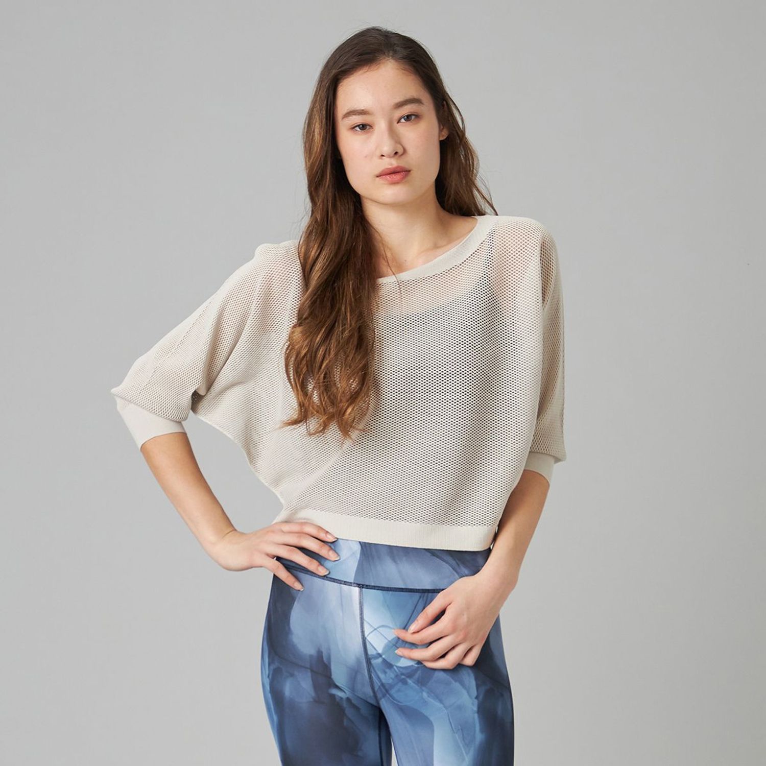 【ノーソイングニット】７分袖メッシュ編み物Ｔシャツ