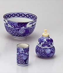 茶箱　陶器三点セット（抹茶茶碗/振出/巾筒）　祥瑞　山水　昭阿弥作（化粧箱）｜茶道具商　左座園