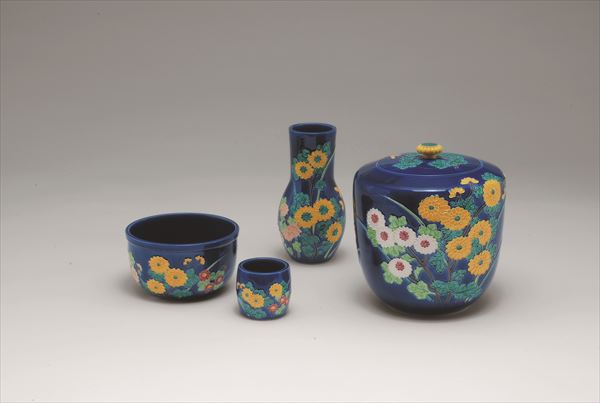 【茶道具】谷口菁嵐造　紺地交趾菊唐草皆具（共箱） 茶道具 皆具（かいぐ） 皆具 紺紫交趾 菊唐草 谷口 菁嵐 作