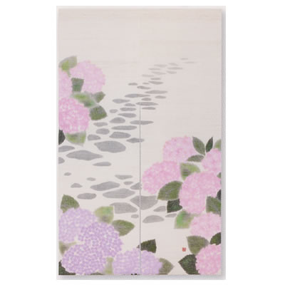 【お取り寄せ】麻墨付きのれん『あじさい小みち』（和風のれん）【貸し/春、初夏/あ、櫻】【貨物輸送無料】