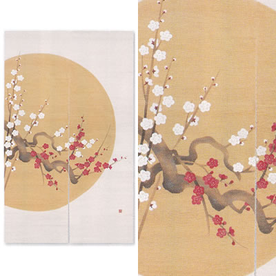 【お取り寄せ】麻墨付きのれん『円月の梅』（和風のれん）【貸し/冬/花】【貨物輸送無料】