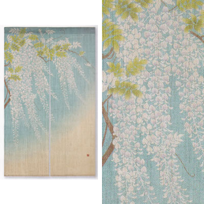【お取り寄せ】麻ろうけつ染めのれん『藤なみ』（和風のれん）【貸し 春 フジ ノダフジ 花 日本製】【貨物輸送無料】