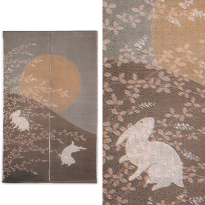 【お取り寄せ】麻洛粋ろうけつ染め重ねのれん『月見うさぎ』（和風のれん）【面目 秋 兎 家兎 月 日本製】【貨物輸送無料】