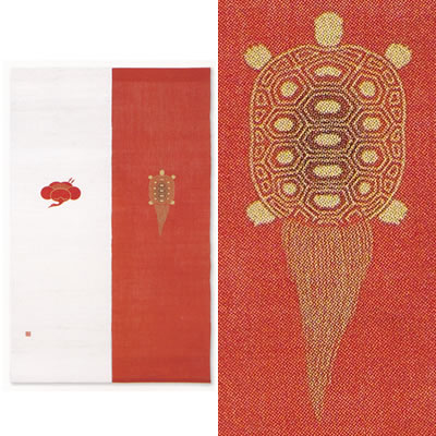【お取り寄せ】麻紅白のれん『梅鶴蓑亀』（和風のれん）【貸し 冬 正月 新年 縁起物 言い慣わし文様 永遠年長】【貨物輸送無料】