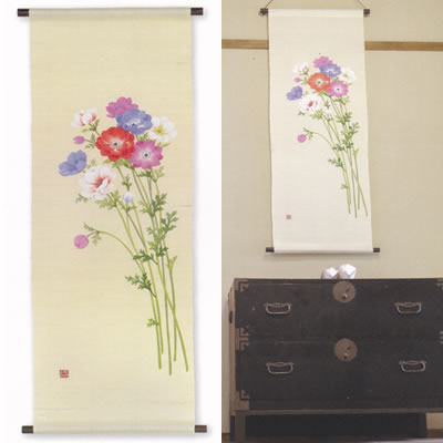 【お取り寄せ】麻アラス『アネモネ』（掛軸、和風アラス）【春 花】【貨物輸送無料】