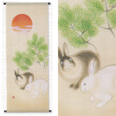 型染めタペストリー　円相にうさぎの口上　麻100％ 日本製 迎春飾り 正月飾り 楽天市場】型染めタペストリー 円相にうさぎの口上 麻100％ 日本製
