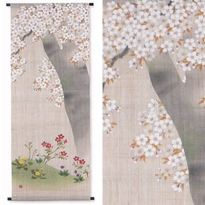 【お取り寄せ】麻墨付きアラス『さくら顕花植物』（掛軸、和風アラス）【春 桜 櫻 すみれ たんぽぽ ツツジ わらび 日本製】【貨物輸送無料】