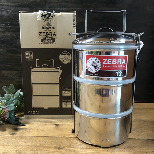 【ZEBRA 3段式弁当箱 12×3　各段パッキン蓋付き 】 ステンレス製ランチボックス ステンレス食器 タイ料理アジアン料理 タイ雑貨　 アジアン雑貨　エスニック タイ専門店　タイフード 調理器具 ステンレス　ピントー Thai　バンコク