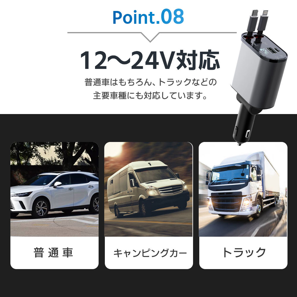 《45％OFFクーポン》【楽天1位】シガーソケット スマホ充電器 シガーチャージャー 巻き取り Type-C Lightning 急速充電 カーチャージャー 4台同時充電 巻き取り リール式 12V車 24V車 後部座席充電 車載充電器 電圧計