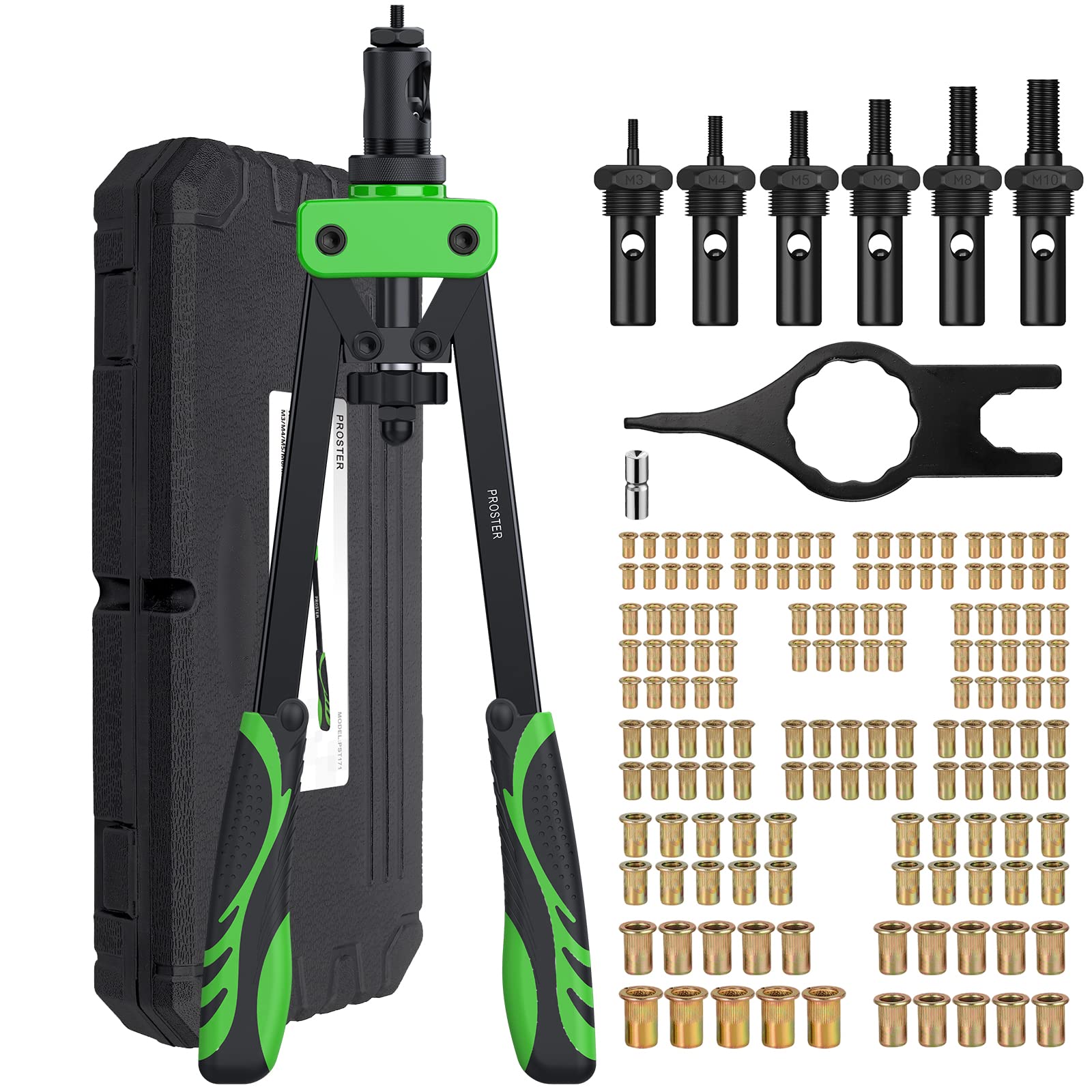 Proster ハンドリベッターセット 両手式 M3/M4/M5/M6/M8/M10などに相応う 150pcsリベット中毒者嘱する リベットナッター 書き割り (緑)