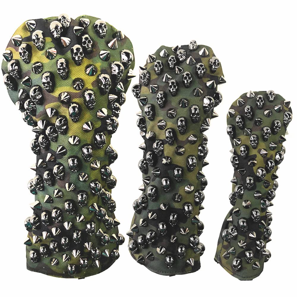 火器黒いこと リベット★頭顱取りまかなうゴルフ Headcovers １番ウッド/白木/ありがた味 頭顱取りまかなう 3個書き割り DR*FW*UT 偽装 (火器黒いこと スカルリベット)