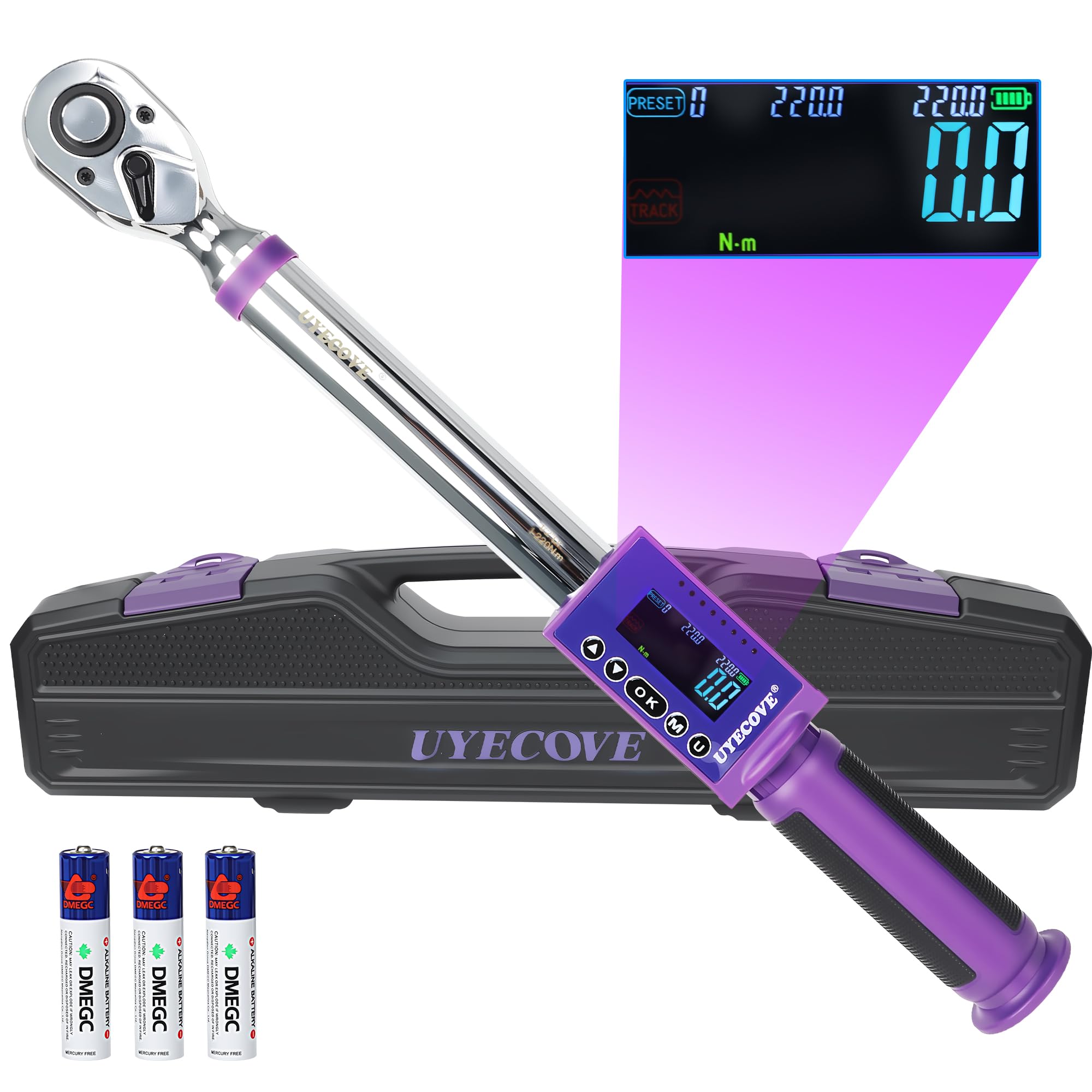 UYECOVE デジタルトルクレンチ 1/2インチ 12.7mm 11-220Nm 高精度&plusmn;2% 大型LCD トルク数値プレセット 早い反応速度 3モード(ピーク/トラック/スルー) 5単位切替 データ保存500組 自動OFF&アラート 防錆 ｜KNK chance