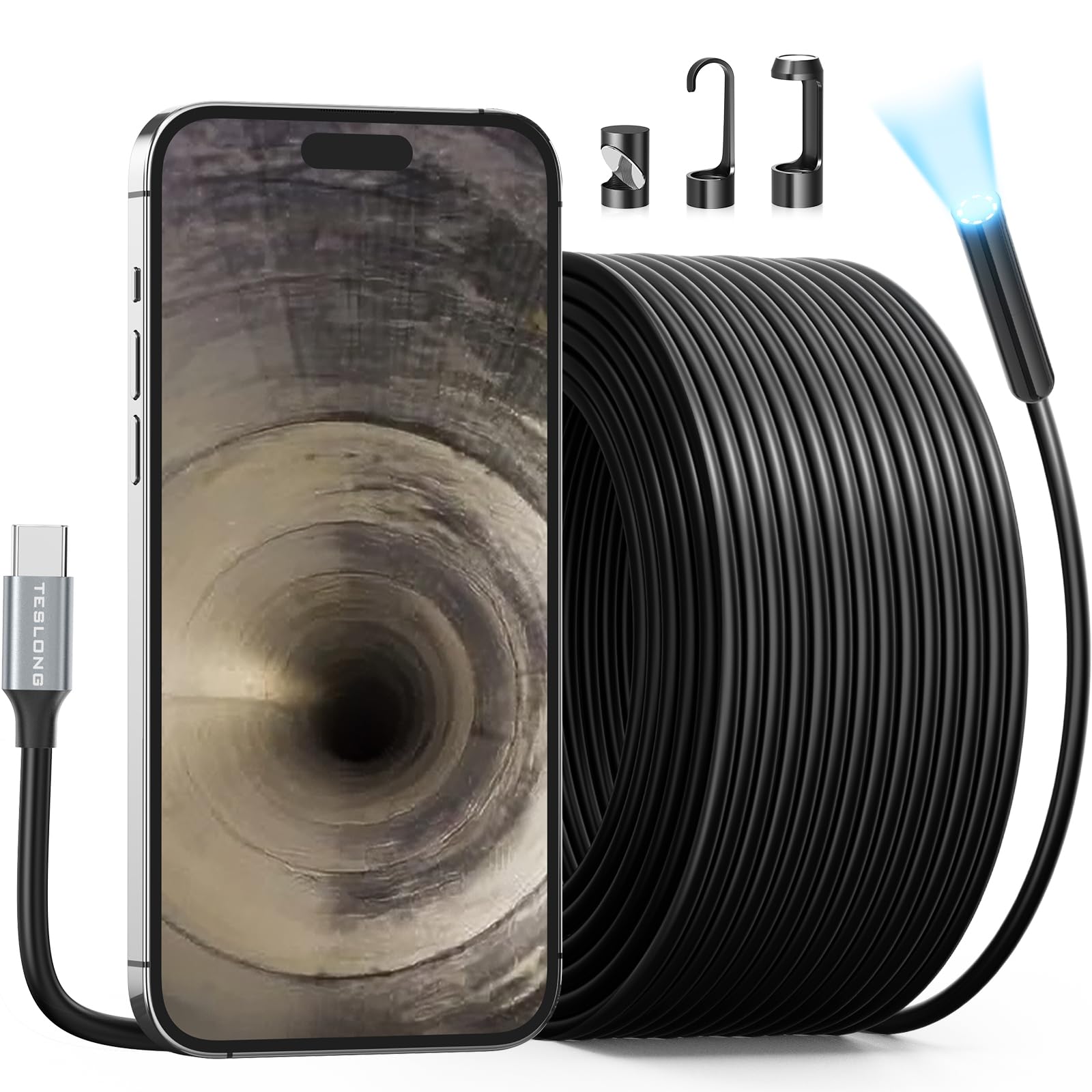15M下水管内視鏡写真機 Teslong 衣料繊維領域iphone 15相応う USB C水抜き管ボア領域精神測定検査写真機8個高明快さLED積み上げる 50フートの延性のあるで雨合羽の産業用内視鏡 ファイバースコープカメラ水抜き口/配