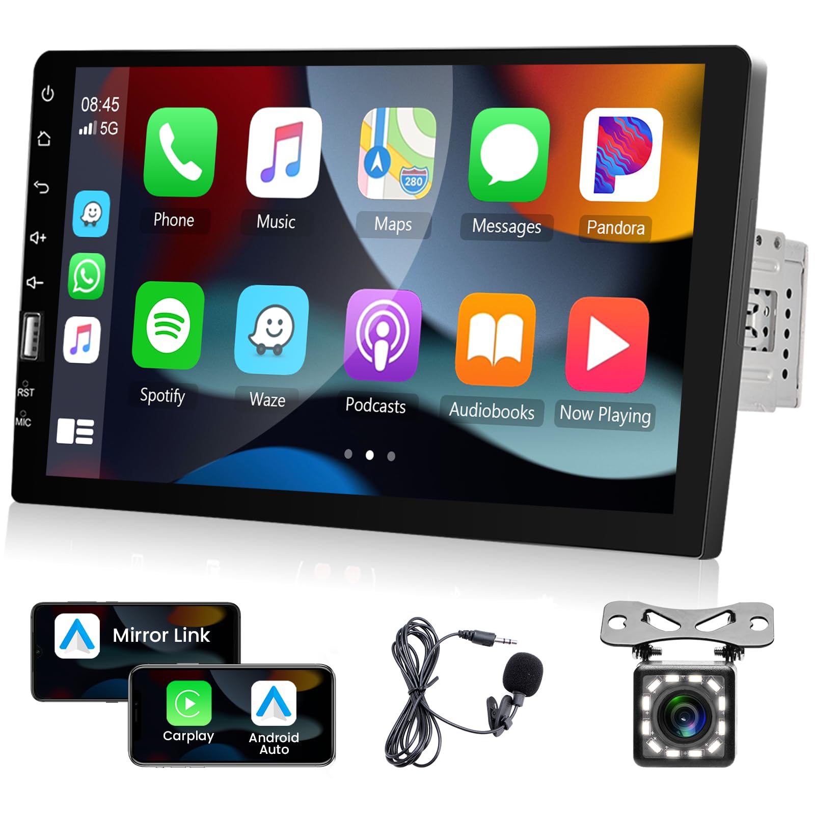 1DIN Carplay鉄道車両オーディオ、Hodozzy 9in鉄道車両ステレオ タッチスクリーンカーラジオ Bluetooth シングルDIN FM AMオーディオ受信システム iOS/Android鏡鑑繋がりUSB鉄道車両マルチメディアシステムPlayer+マイクロホン+バ