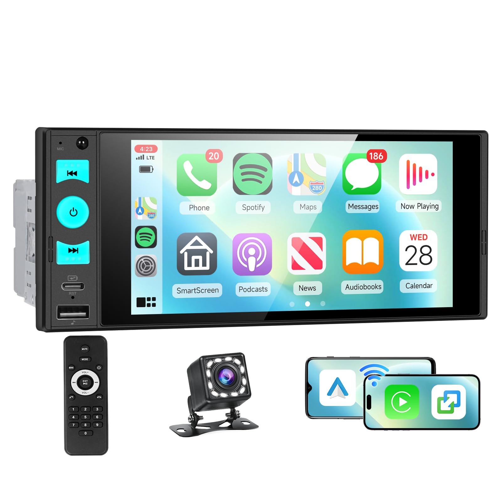 Hodozzy 1 DIN鉄道車両ラジオ受信機 無線電話CarPlay/Android Auto鏡鑑輪っか相応う 6インチインセルタッチスクリーン積み上げる 1DIN鉄道車両ステレオ MP5楽器演奏者 Bluetooth/FMラジオ受信機/EQ/ステアリングホイールコントロー