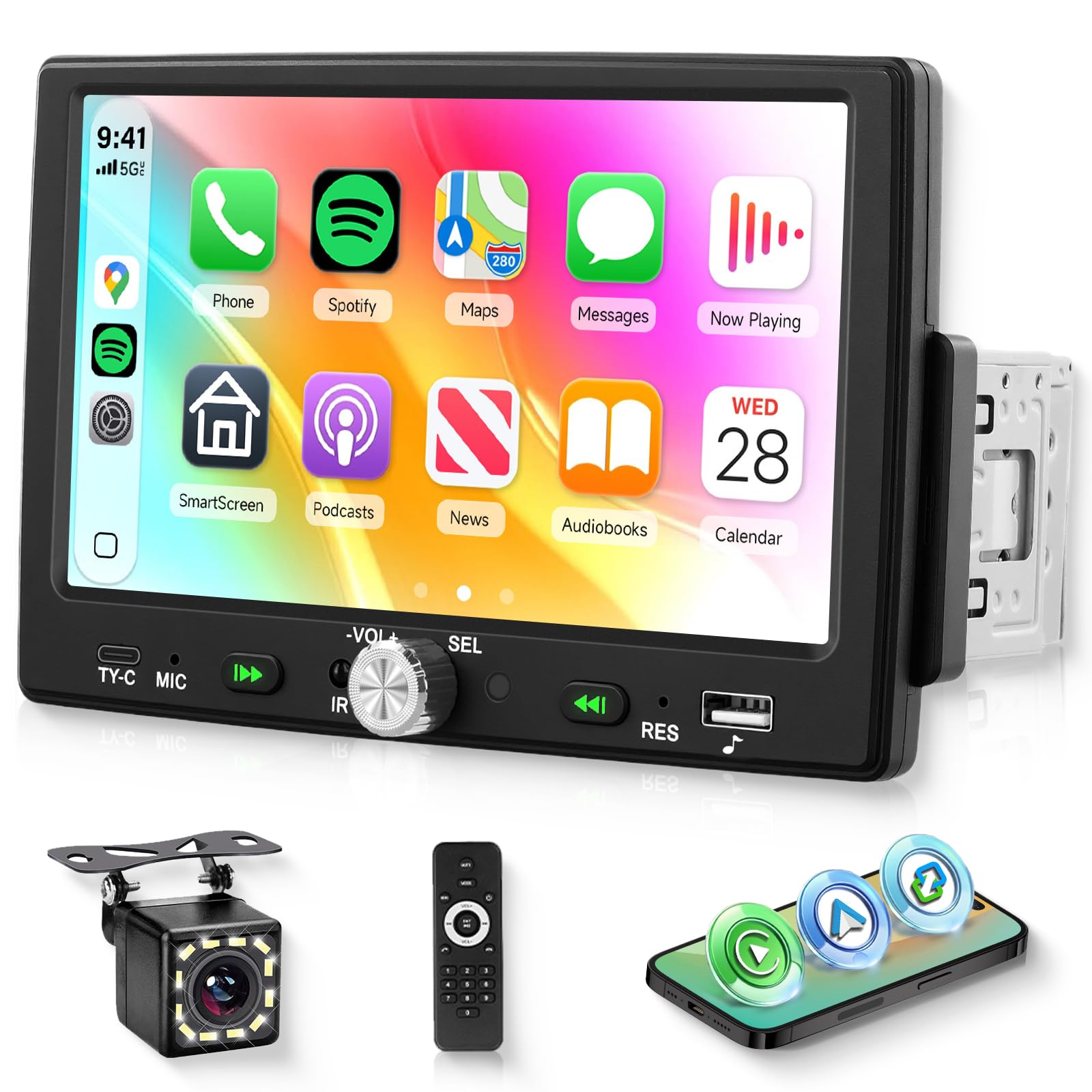 Hodozzy 1DIN鉄道車両オーディオ CarPlay/Android Auto相応う 7in固定ディスクタッチスクリーンカーラジオ Bluetooth積み上げる シングルDIN 鏡鑑繋がり FMラジオ受信機 うしろ側写真機付き添い人 EQ積み上げる カーオーディオレシーバー USB/Type