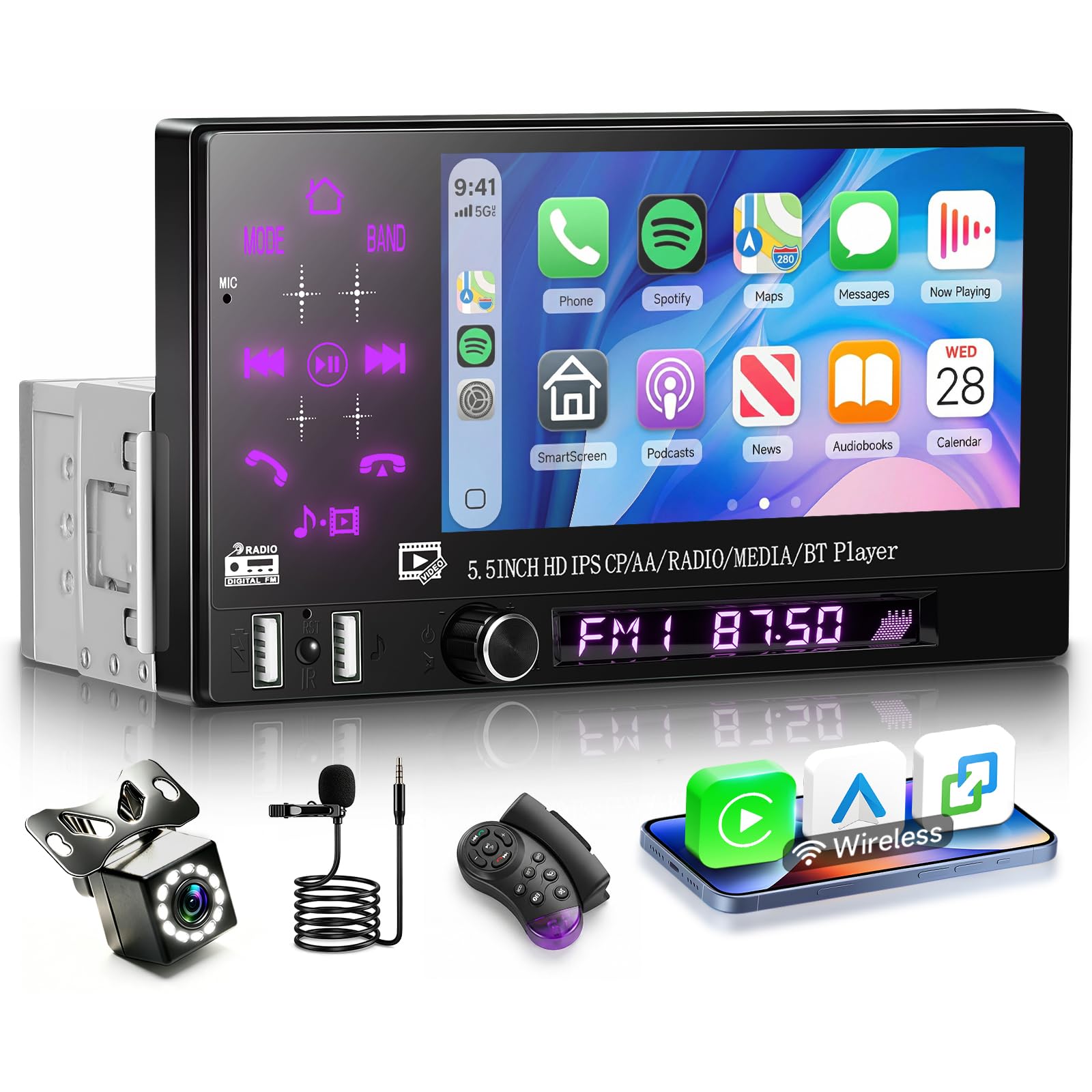 Hodozzy 1DIN 見せびらかすオーディオ：無線電話 CarPlay/AndroidAuto、鏡鑑繋がり、Bluetooth、イコライザー築き上げる、デュアル USB、派手うしろ側点火装置、FM ラジオ受信機積み上げる、うしろ側写真機・マイクロホン付き添い人、IPS