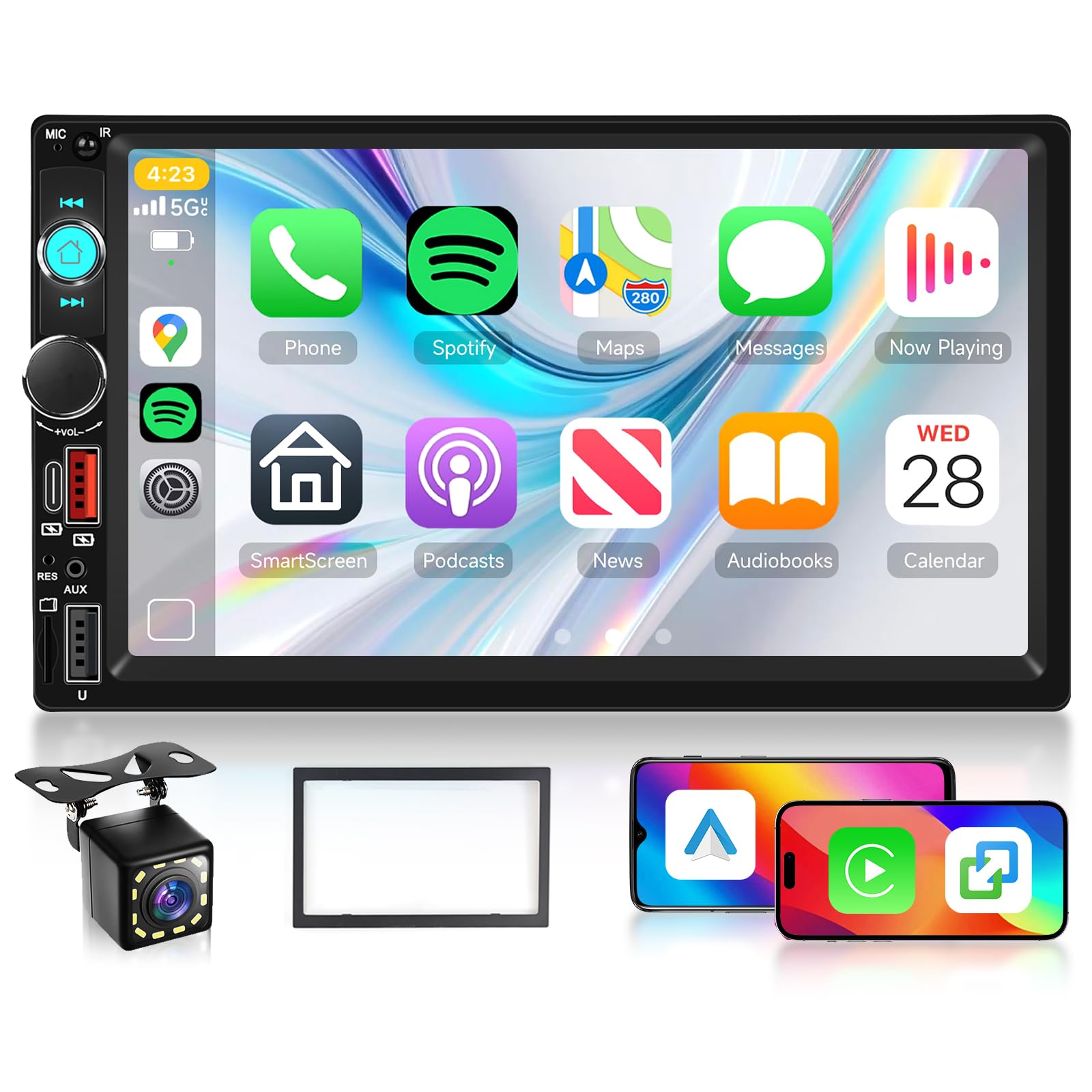Hodozzy 2 Din鉄道車両ステレオ 無線電話CarPlay/Android Auto相応う 7in固定ディスクタッチスクリーン Bluetooth ダブルディンMP5鉄道車両ラジオ受信機 FMラジオ受信機積み上げる 鏡鑑輪っか役立つこと付き添い人 カーヘッドユニット USB/AUX/TF相応う 固定ディスク