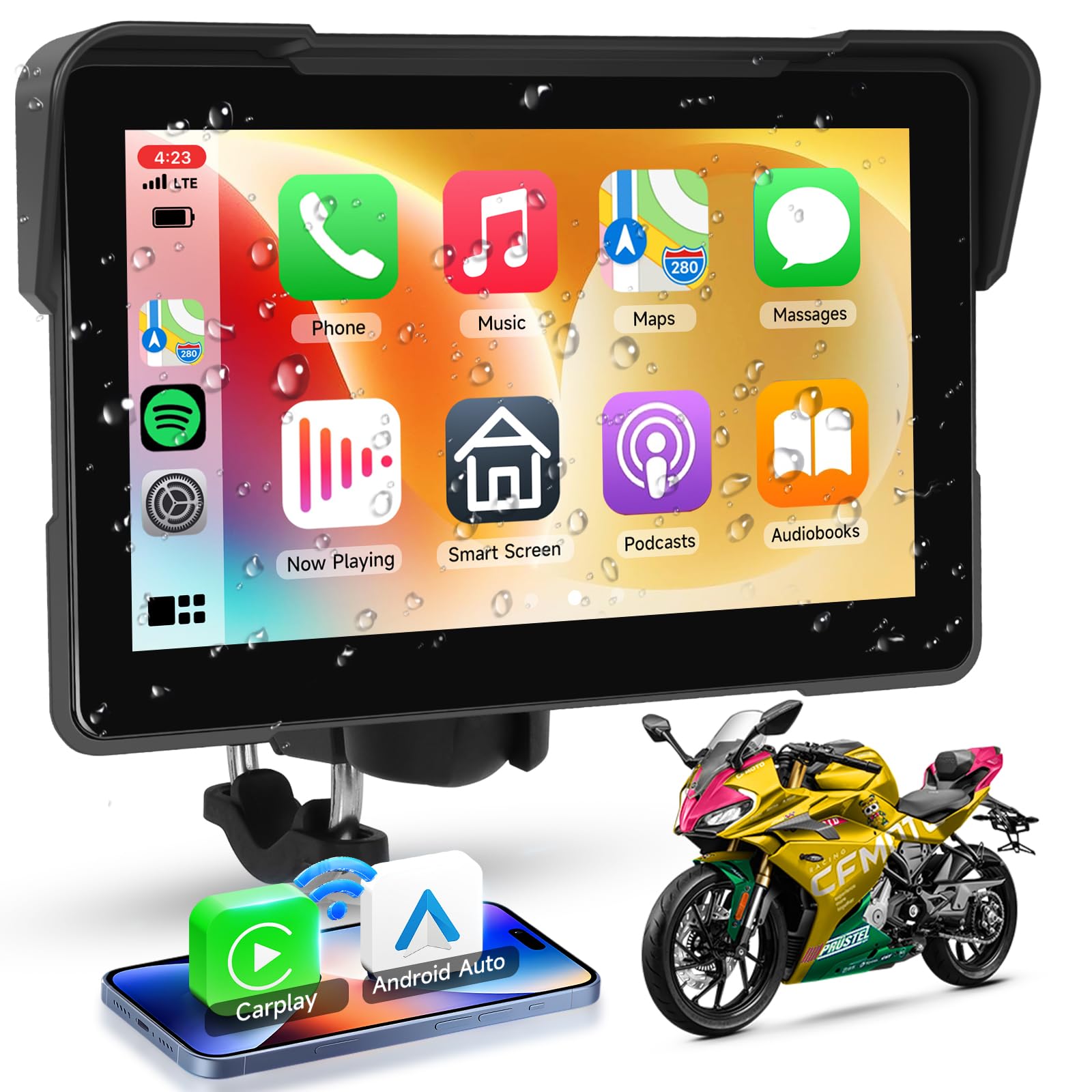 自動二輪車 管する carplay無線電話CarPlay＆アンドロイドオート、Carplay GPSナビゲーション、AirPlayアンドロイドキャストBluetooth EQと7in固定ディスク雨合羽タッチスクリーンオートバイの利得のポーため桶