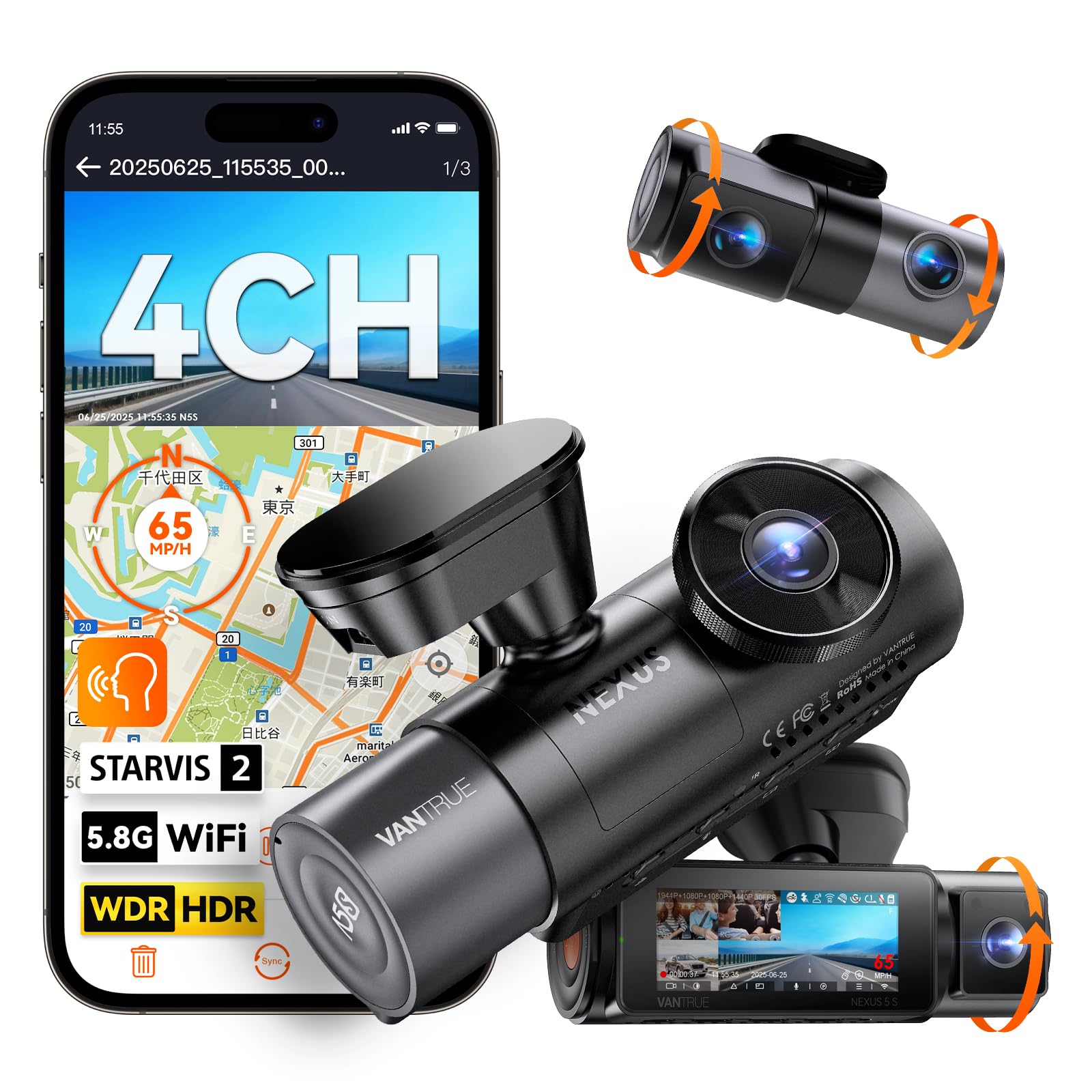 VANTRUE N5S 4写真機 運転リコーダー 【前後4写真機ともSTARVIS 2積み上げる 暗視動作強化因子版】 360度 ドラレコ 前後/働き掛ける/車内書きとどめる 360°全境界線の外側 24第四次元パーキング監督すること 2.7K+1080P+1080P+2.5K 5.8G 無線LAN役立つこと スマホ協同