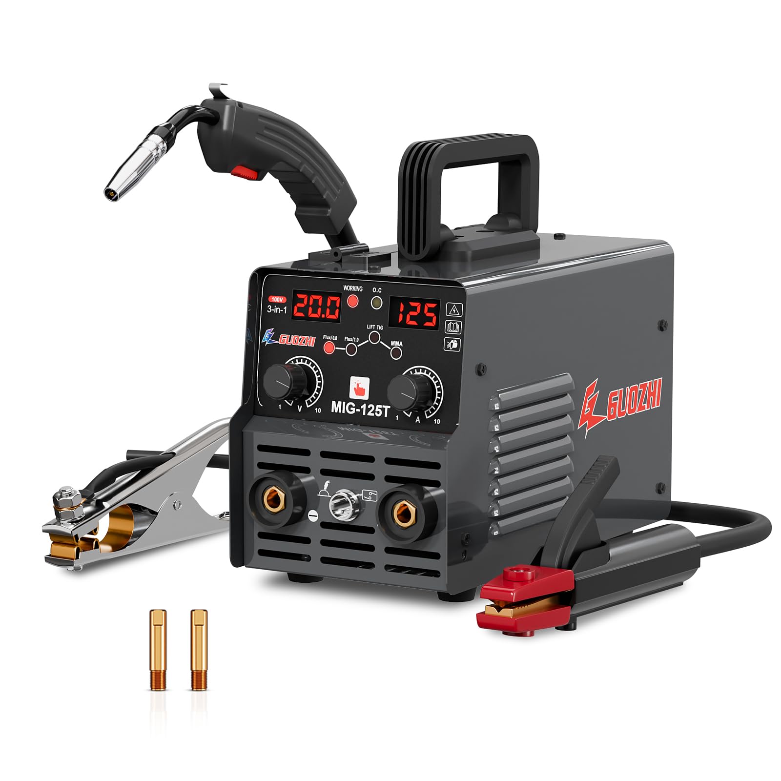 GZ GUOZHI 溶接機 100v 半自動小銃 125A 弧線溶接 ノンガスワイヤー溶接 tig溶接 1台3役 はたご屋取り替えっこ直流 半自動小銃溶接機 定格当て嵌める率60% 小型 軽さ 身寄り用 未経験者向け 灯し火溶接機 MIG-125T