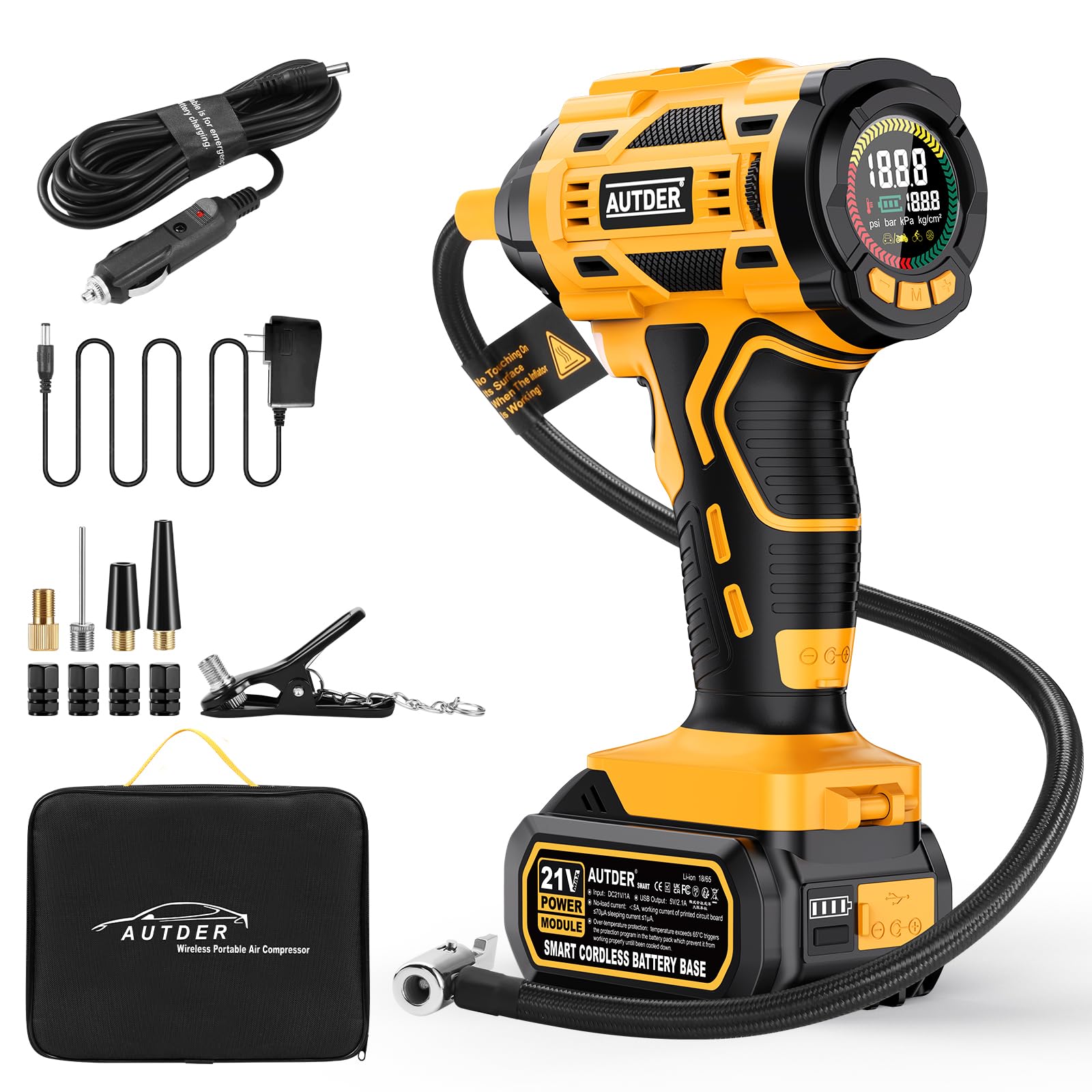 AUTDER 携帯型エアコンプレッサー, コードレスタイヤインフレーター 180 PSI, 21V蓄電池/12V DCワット数, デジタルゲージ, 自動小銃食い留める役立つこと, 持ちはこぶに至適 (黄色)
